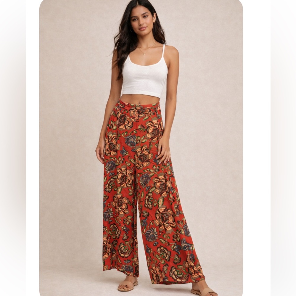 Freepeople Red Floral Wide-Leg Pants size 0 NWT retail $148